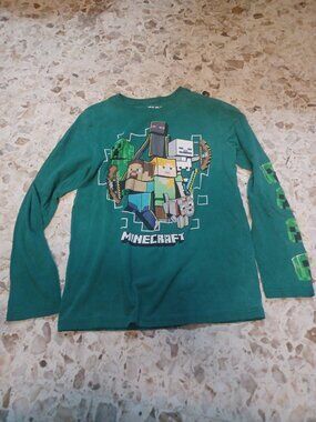 Mojang Boy's Long Silver Minecraft Tee L (10-12) Bright Green